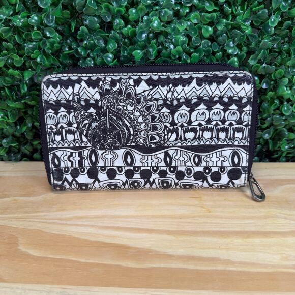 Sakroots Womens Billfold Wallet Zip Close Black Beige Organizer - Picture 2 of 10